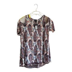 Boho Lildy Cold Shoulder Tunic L-XL White Paisley Floral Short Sleeve Top NWT